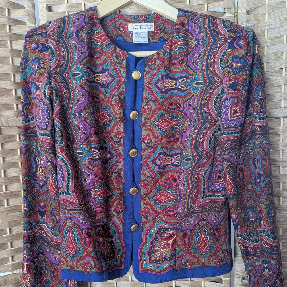 Vtg 90's‎ Talbots 100% Silk Matching 2 pc  Set Jacket Skirt Paisley Gold Buttons